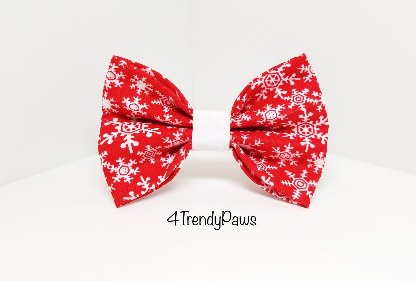 White Snowflakes on Red Bow, Christmas Bow, Holiday Bow, Snowflakes, Bowtie, Small Dog Bow, Big Dog Bow, Girl Dog Bow, Boy Dog Bowtie