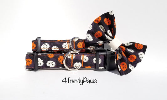 White & Orange Pumpkins Dog Collar, Pumpkins Dog Collar, Halloween Dog Collar