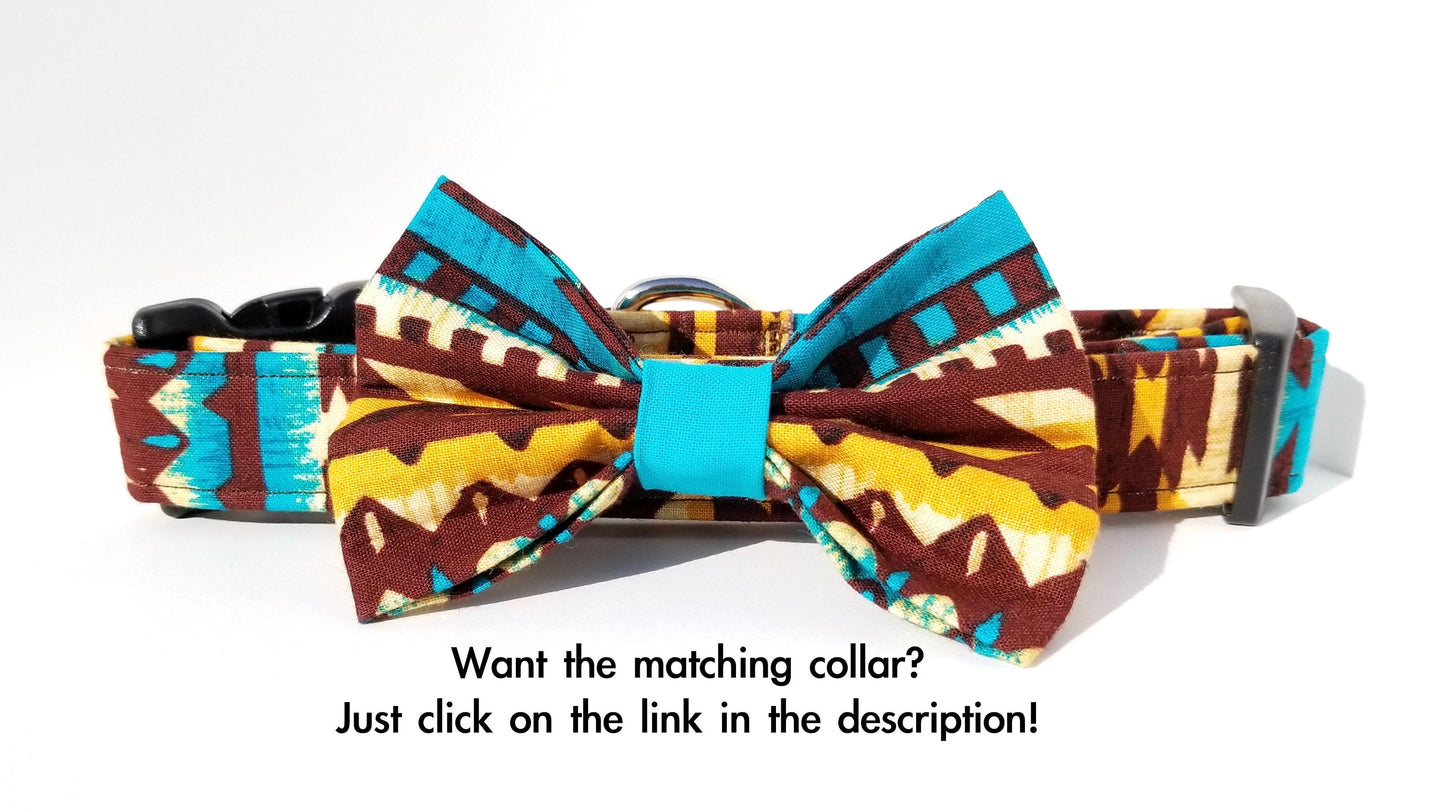 Teal and Brown Aztec Bow, Aztec Dog Bowtie, Western Dog Bow, Southwestern Dog Bow, Boy Dog Bowtie, Girl dog bow, Small Dog Bow, Big Dog Bow