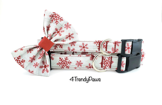 Red Snowflakes on Light Gray Collar, Winter Dog Collar, Holiday Dog Collar, Christmas Dog Collar, Girl Dog Collar, Boy Dog Collar, Snowflake