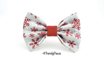 Red Snow Flakes on Light Gray Bow, Winter Dog Bow, Christmas Dog Bow, Holiday Dog Bow, Boy Dog Bow Tie, Girl Dog Bow, Dog Bow